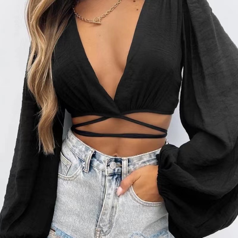 Hot Selling Womens Lantern Sleeve Casual Long Sleeve Sexy Top