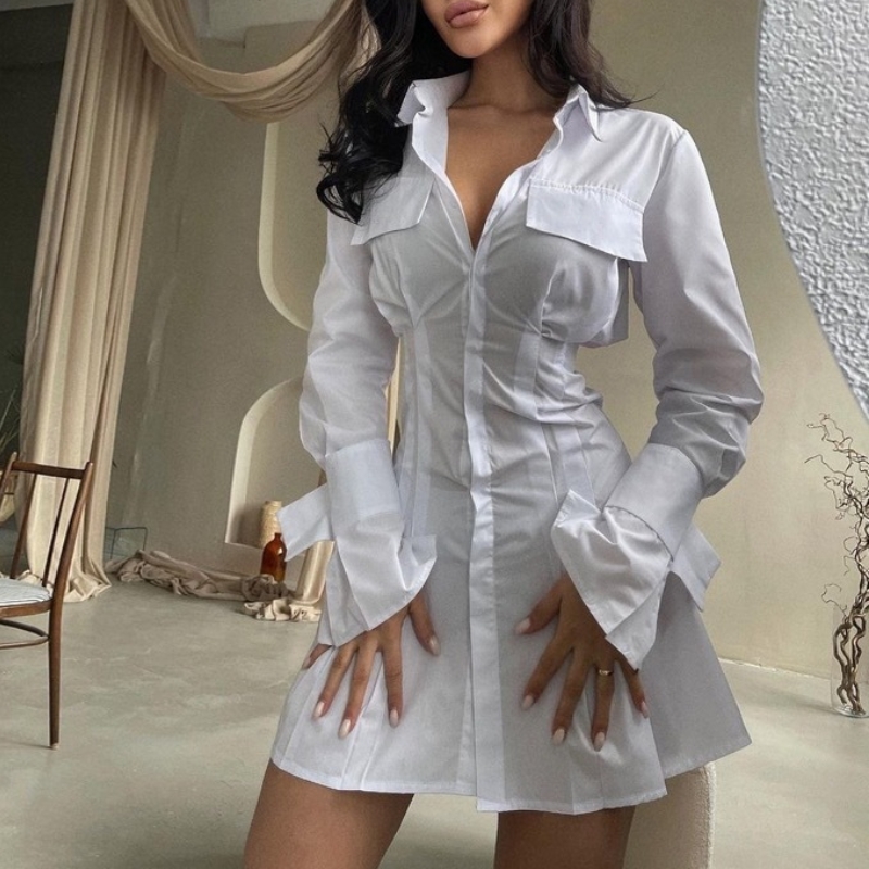 Γαλλικό λευκό φόρεμα με μέση και μανσέτες και μακριές καρτέλες για τις γυναίκες 2023 Νέα μέση σχεδίασης και στερεό χρώμα μακρύ μανίκι φούστα
