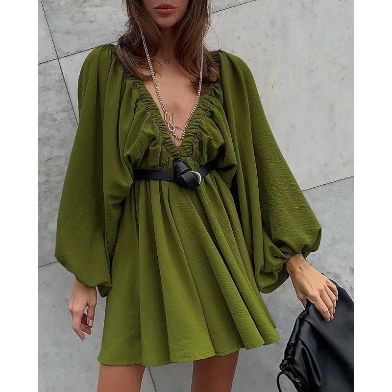Ρετρό σχεδιασμό casual wind v-neck στερεό χρώμα μπλούζα φθινόπωρο νέο φανάρι μανίκι Υψηλή μέση φόρεμα φόρεμα φόρεμα