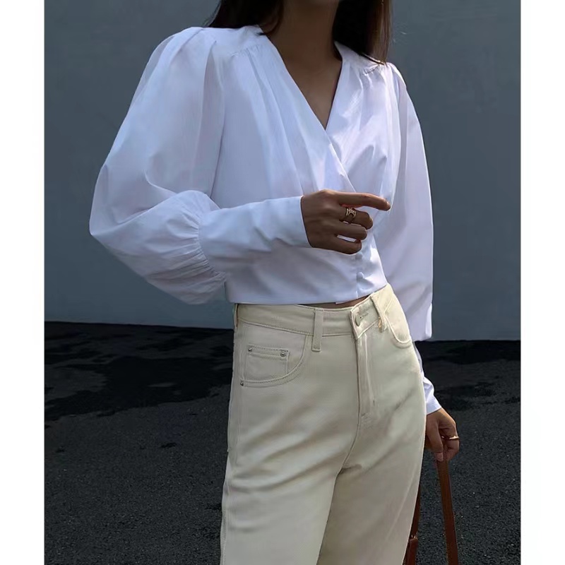 Λευκό πουκάμισο με μακρύ μανίκι Γυναίκα Σχεδιασμός Σχεδιασμός Νέο Λεπτό μανίκι Λεπού